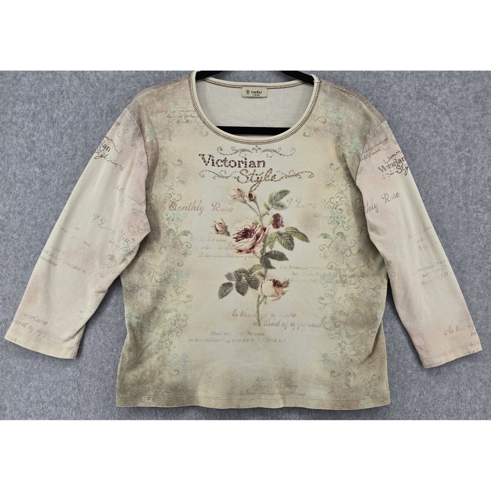 Vtg Y2K Cactus "Victorian Style" Top Sz XL‎ Beige Embellished T-Shirt Roses